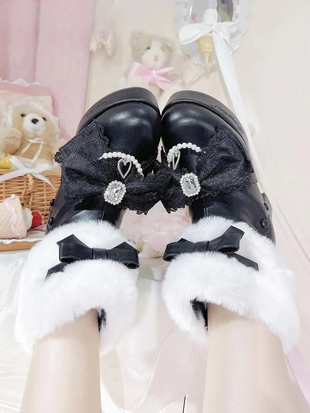 Original Japanese Sweet Cute Style Versatile Bow High Heel Boots Autumn Winter Mass-Produced Rhinestones Fur Short Boots