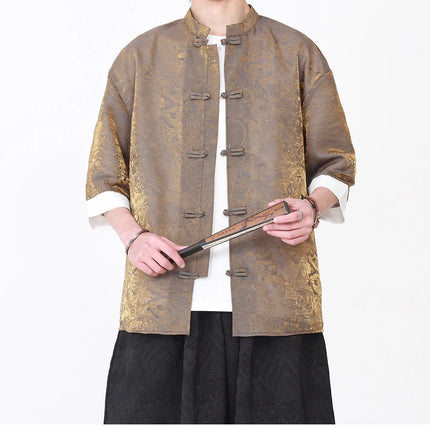 Camicia da Uomo di Lusso con Sfumature Colorate, Jacquard a Maniche Corte, Stile Cinese Tradizionale, Fresca per l'Estate, in Seta Ghiaccio