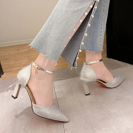 Bling Gold Silver Women Pumps 2023 Sexy Point Toe Thin Heel Party Wedding Shoes Womens Summer Ankle Strap 8cm High Heels Shoes PlatiNum