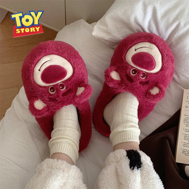 Fashion Strawberry Bear Girl Plush Cotton Slippers for Winter Warmth Indoor with Soft Plush Leisure Cotton Slippers Gifts
