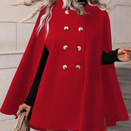Ladies Mid Length Cape Coat Round Neck Double Breasted Metal Buttons Sleeveless Loose Cloak Outer Jacket For Party
