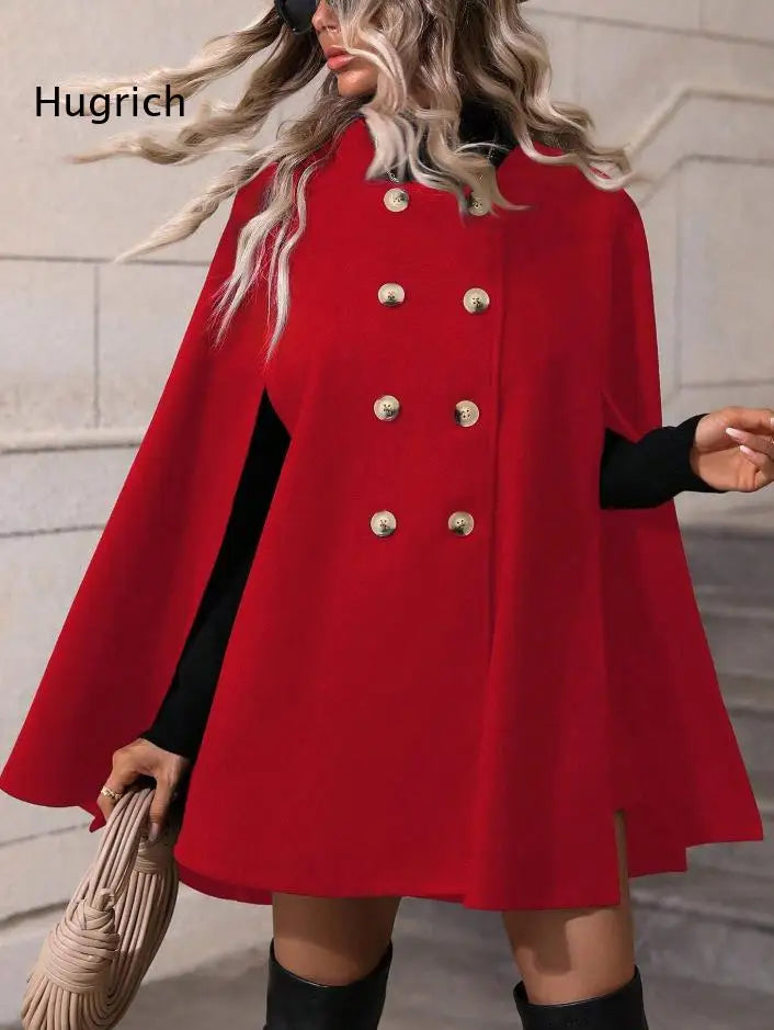 Ladies Mid Length Cape Coat Round Neck Double Breasted Metal Buttons Sleeveless Loose Cloak Outer Jacket For Party