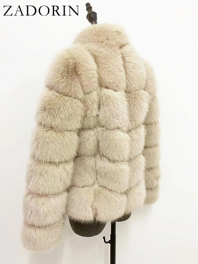 ZADORIN Winter Clothes For Women Stand Collar Splicing Long Sleeve Faux Fur Coat Women Black White Fluffy Jacket Faux Fur Coats