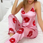 Pigiama da donna in raso con stampa labbra Top Cami con scollo a v e pantaloni elastici per le donne pigiama comodo sonno e abbigliamento da casa