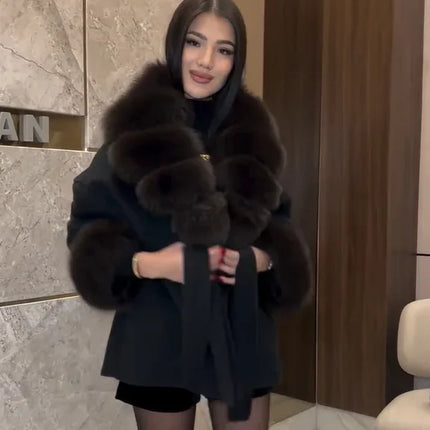 Solid Color Faux Fur Collar Cuff Wool Coat Women Belted Waist Short Jacket 2026 Winter Lady Street Daily Party Casual Outwear