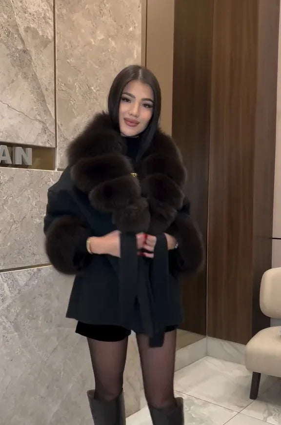 Solid Color Faux Fur Collar Cuff Wool Coat Women Belted Waist Short Jacket 2026 Winter Lady Street Daily Party Casual Outwear