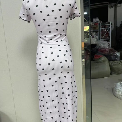 Camicia da notte sexy in maglia a costine per donna Abito da notte midi aderente con stampa a cuore con pigiama a maniche corte con spacco alto in pizzo Nuovo caldo