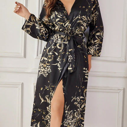 Set di 2 Pezzi: Elegante Pigiama Stampato da Donna con Vestaglia Lunga e Camicia da Notte in Raso, Stampa Casuale, Comodo Abbigliamento per Casa