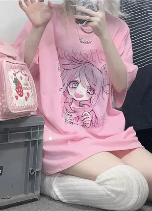 Primavera estate nuova versione coreana Harajuku Pink Cute Anime Cartoon Girl stampa t-shirt a maniche corte allentata studentessa superiore