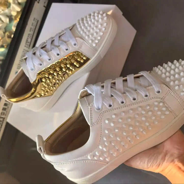 Casual Rivet Shoes Designer Women Genuine Leather Sport Walking White Shoes Round Toe Comfort Flats Ladies Daliy Outdoor Shoes