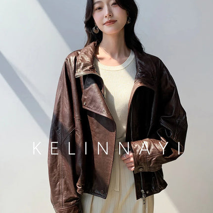 Waxed Sheepskin Genuine Leather Moto Biker Jacket Women Cropped Stand Collar Zip Up Snap Button Loose Casual Autumn Outwear 2026