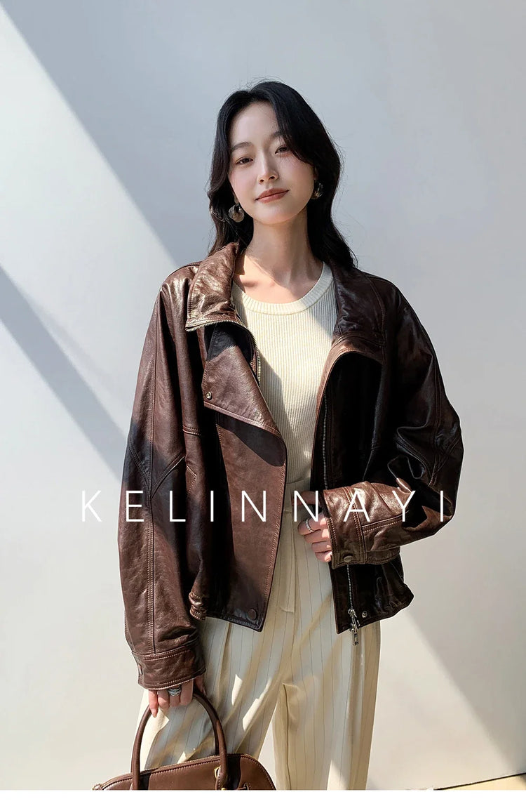 Waxed Sheepskin Genuine Leather Moto Biker Jacket Women Cropped Stand Collar Zip Up Snap Button Loose Casual Autumn Outwear 2026