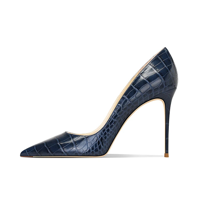 2025 New Blue Crocodile Leather High Heels Women Pointed Toe Stiletto Elegant Office Shoes