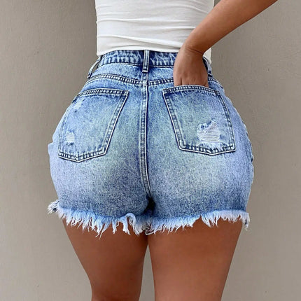 Fashionable and versatile high-waist distressed design denim shorts for 2025 summer. New style, loose-fitting and trendy shorts. PlatiNum