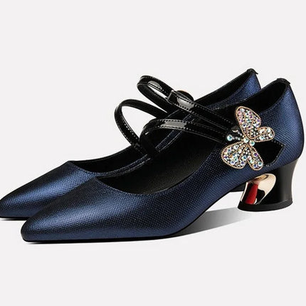 FHC Tacchi medi in pelle poco profonde, Scarpe da lavoro da donna da ufficio, Décolleté da donna, Papillon con strass, Punta a punta Vogue, Blu, Nero, Dropship