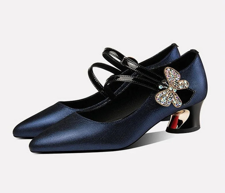 FHC Tacchi medi in pelle poco profonde, Scarpe da lavoro da donna da ufficio, Décolleté da donna, Papillon con strass, Punta a punta Vogue, Blu, Nero, Dropship