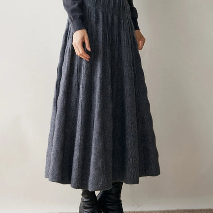 Women Cashmere Skirt A-Line Jacquard Elastic Waist Flared Skirt Autumn Winter 100% Cashmere Knitted Office Lady Curled Hem Dress PlatiNum