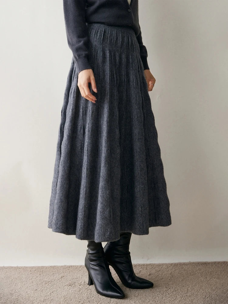 Women Cashmere Skirt A-Line Jacquard Elastic Waist Flared Skirt Autumn Winter 100% Cashmere Knitted Office Lady Curled Hem Dress PlatiNum