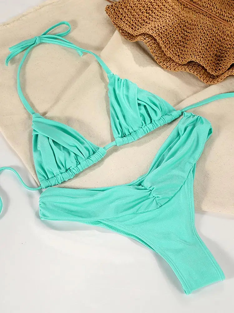 Costume da bagno bikini con pieghe sexy Micro bikini solido Costume da bagno donna Triangolo femminile Costume da bagno da spiaggia platinumshop