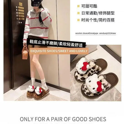 Women Cute Cartoon Cat Leopard Print Plush Slippers Warm Fuzzy Non-Slip Soft Sole Winter Indoor Bedroom Cozy House Home Shoes
