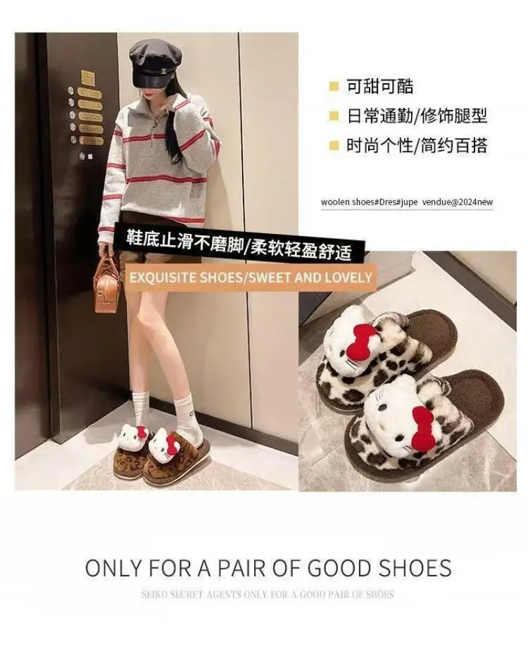Women Cute Cartoon Cat Leopard Print Plush Slippers Warm Fuzzy Non-Slip Soft Sole Winter Indoor Bedroom Cozy House Home Shoes