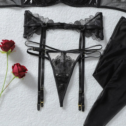 Fashion Women's Lingerie Delicate Sets Premium PU Mesh Patchwork Halter Bra Belt Thong Stockings Fantasy Sensual Girls Intimates