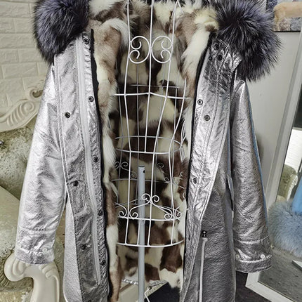 Winter Long Jacket Real Fur Coat Women Clothes Large Silver Fox Fur Collar Detachable Natural Fox Lining Parkas Leather Fur