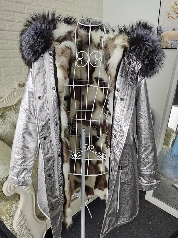 Winter Long Jacket Real Fur Coat Women Clothes Large Silver Fox Fur Collar Detachable Natural Fox Lining Parkas Leather Fur