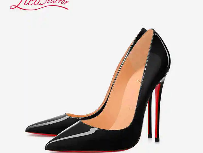 Tacchi alti eleganti da donna neri Fondo rosso lucido Tacchi da donna di marca di lusso 2025 tendenza Punta a punta Décolleté da festa sexy Scarpe da donna