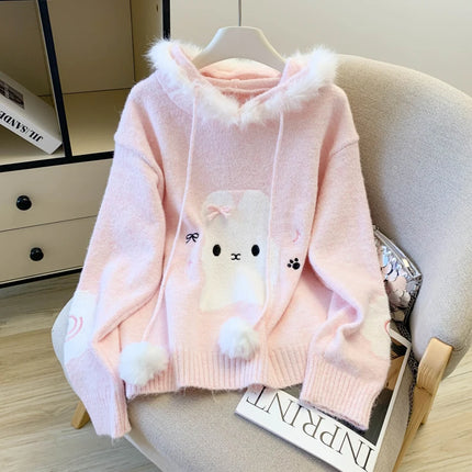 Women's Pink Hooded Long Sleeve Cute Overhead Sweater Y2K Japanese Style 2000S College Retro Autumn Winter Warm Sweater Clothes