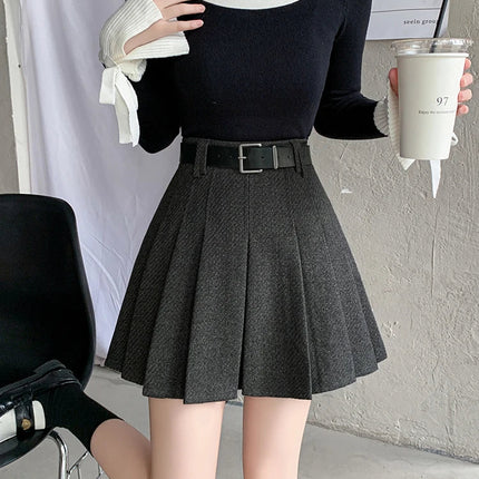 Vintage Winter Pleated Mini Skirt Women Streetwear High Waist Woolen Cute Skater Skirts With Shorts Belt Grey Black Skirt Woman PlatiNum