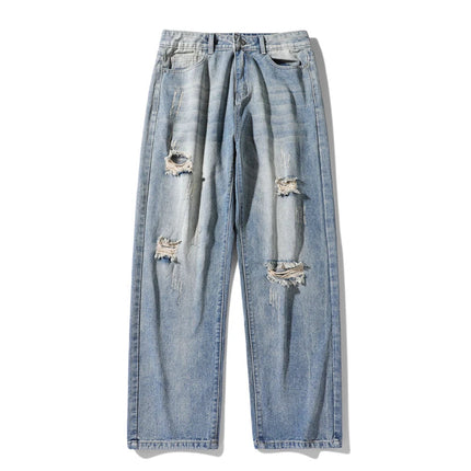 New vintage casual loose fit men's jeans with high street style straight leg denim pants for teenagers, torn knees and damaged PlatiNum