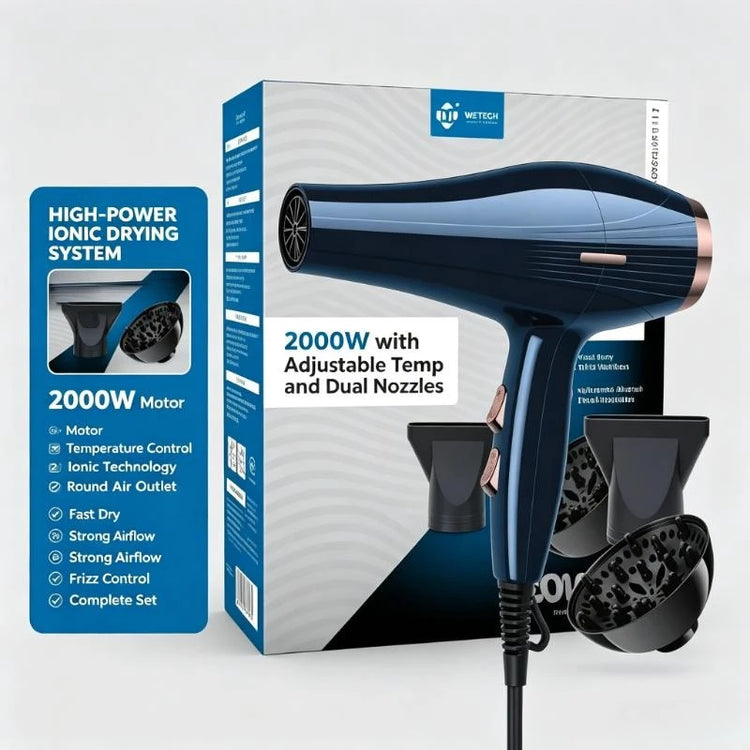 Negative Ion Blow Dryer WETECH 2000W Cool Shot For Curly Hair Voluminous Hairstyle Salon Diy Shaping