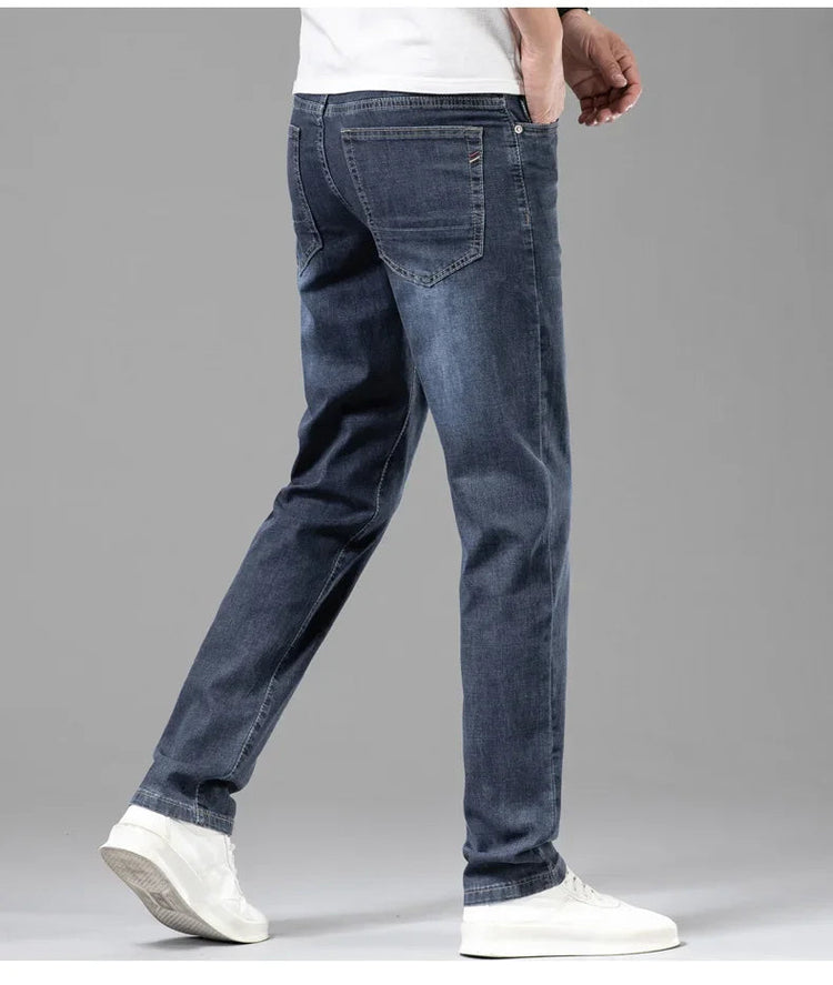 Summer Thin Men's Elastic Cotton Jeans Fashion Gray Comfortable Business Straight Casual Pants Brand Male Clothes Trousers PlatiNum