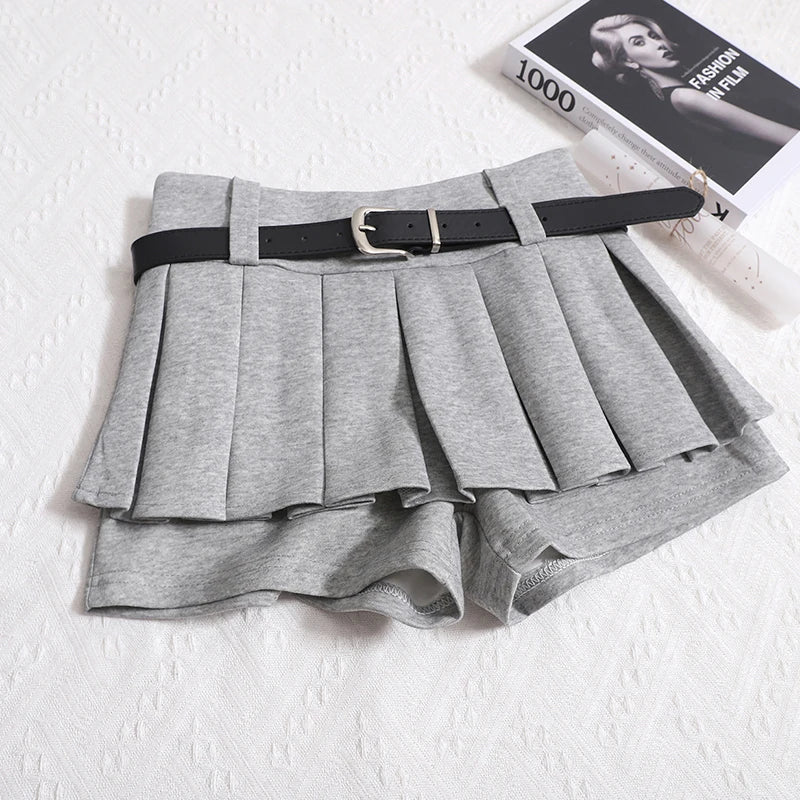 Womens Shorts Autumn Winter Belt High Waist Fluffy Pleated A-line Short Pants Korean Fashion Sexy Y2k All Match Clothes