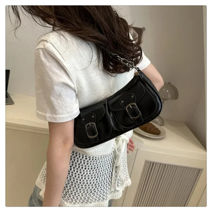 Fashion Pu Leather Women's Shoulder Bag Small Double Pocket Design Ladies Underarm Bags Y2k Vintage Female Handbags Clutch Purse PlatiNum