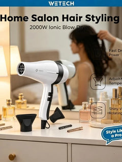 WETECH 2000W Professional Negative Ionic Hair Dryer Adjustable Temperature Speed Blow Dryer With Concentrator Nozzle Home Salon Hair Styling Tool 100-240V Dual Voltage