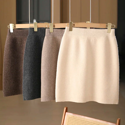 Autumn Winter Women Wool Skirt Elastic Waist Mini Slim Fit Cashmere Skirts 100% Merino Wool Knitted Office Lady Above Knee Dress PlatiNum