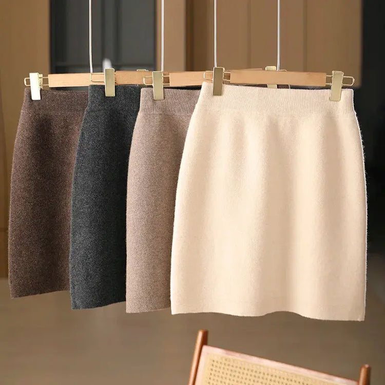 Autumn Winter Women Wool Skirt Elastic Waist Mini Slim Fit Cashmere Skirts 100% Merino Wool Knitted Office Lady Above Knee Dress PlatiNum