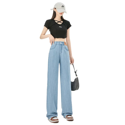 Jeans estivi donna seta ghiaccio vita alta blu sciolto moda coreana semplice tempo libero tutto-fiammifero quotidiano gamba larga elegante Trendy Chic