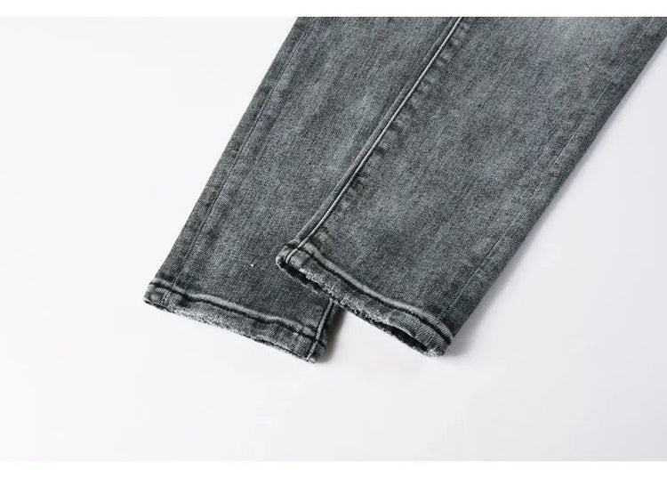 Street Designer Fashion Men Jeans Retro Gray Stretch Skinny Fit Patched Ripped Jeans Men Brand Hip Hop Y2K Denim Pants Hombre PlatiNum