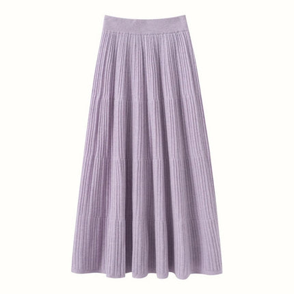 Autumn Winter Women Tiered Skirt Cashmere A-line Pleated Skirt Elastic Waist 100% Cashmere Knitted High Quality Soft Solid Dress PlatiNum