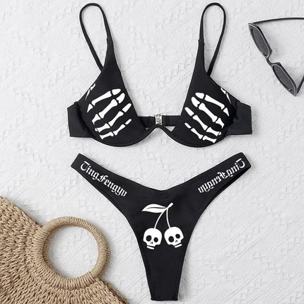 Set bikini gotici da donna in poliestere morbido con motivo teschio, costume da bagno alla moda multifunzionale PlatiNum