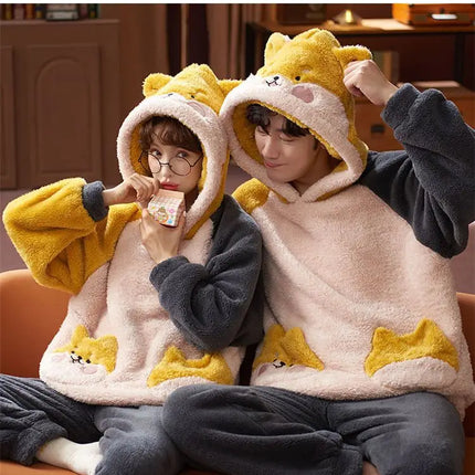 Couples Pajamas Women Men Winter Thicken Pyjamas Sleepwear Cartoon Dinosaur Korean Lovers Homewear Soft Warm Hoodies Pijama
