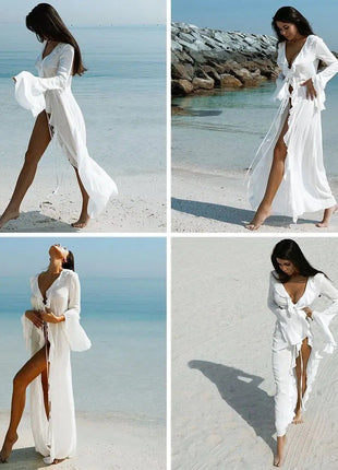 Copricostume estivo da spiaggia con scollo a V, bikini ampio con volant, protezione solare, grembiule, costume da bagno, manica lunga, copricostume per donna platinumshop
