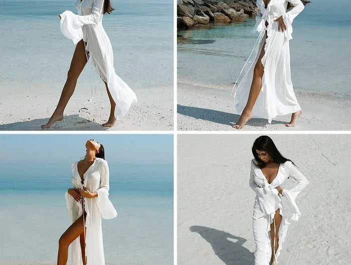 Copricostume estivo da spiaggia con scollo a V, bikini ampio con volant, protezione solare, grembiule, costume da bagno, manica lunga, copricostume per donna platinumshop