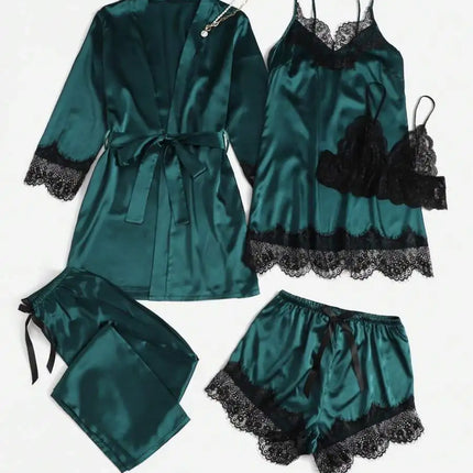 5 pezzi pigiama da notte in raso da donna set accappatoio lingerie sexy accappatoio abito da notte in seta di pizzo pantaloni indumenti da notte vestiti per la casa PJ