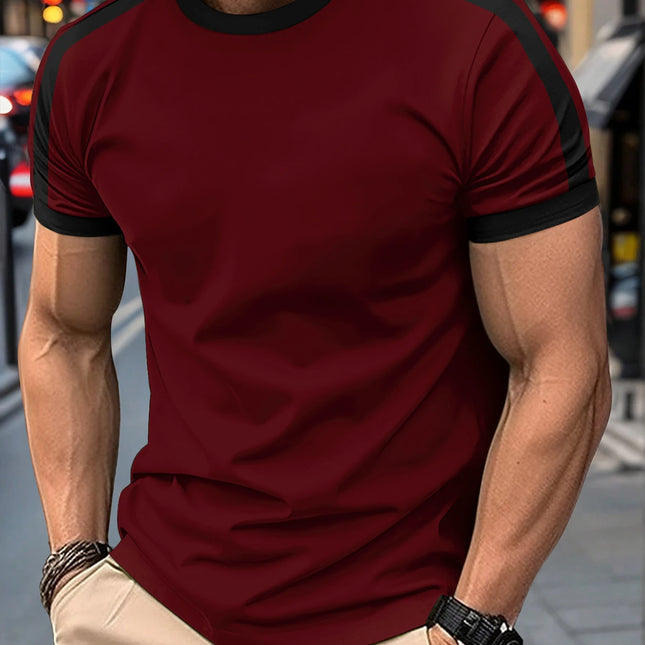 New Summer Elastic Casual Short Sleeve Men's Daily Party Home Social T-shirt Color Matching Solid Color Vintage Streetwear Top