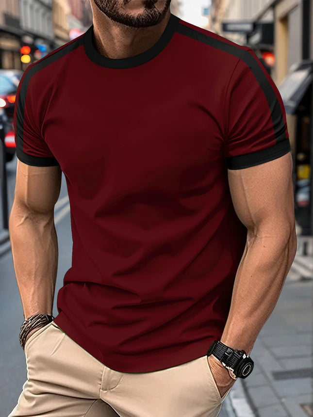 New Summer Elastic Casual Short Sleeve Men's Daily Party Home Social T-shirt Color Matching Solid Color Vintage Streetwear Top