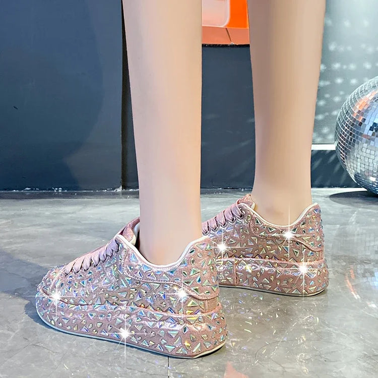 2025 Autumn Leather Women Shoes New Style Fashion Platform Shoes Ins Platforms Sneakers Tide Shine Bling Rhinestone Shoes